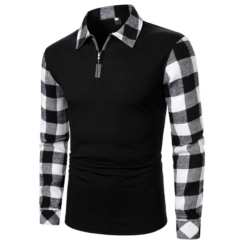 Men Quarter Zip Contrast Gingham Polo Shirt