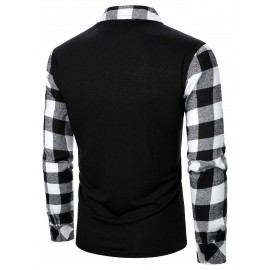 Men Quarter Zip Contrast Gingham Polo Shirt