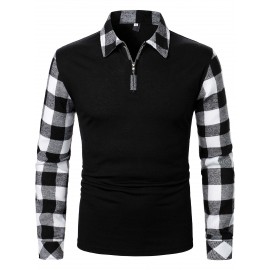 Men Quarter Zip Contrast Gingham Polo Shirt