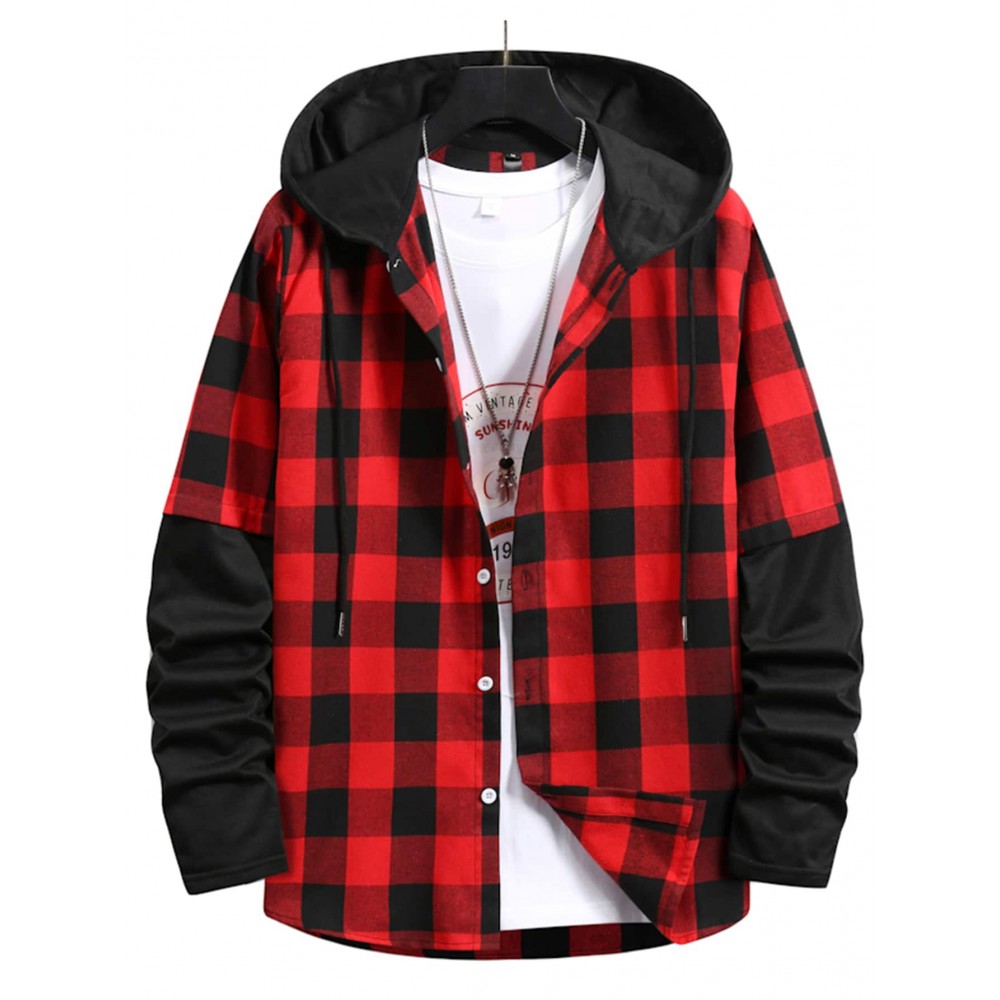 Men Gingham Drawstring Hooded Shirt