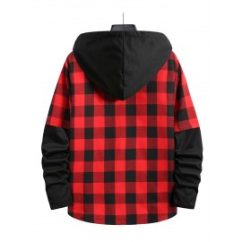 Men Gingham Drawstring Hooded Shirt