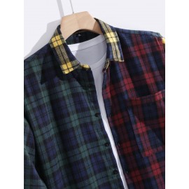 Men Tartan Color Block Pocket Front Shirt Without Tee