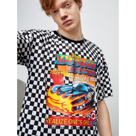 Men Car & Slogan Graphic Drop Shoulder Checkered Tee