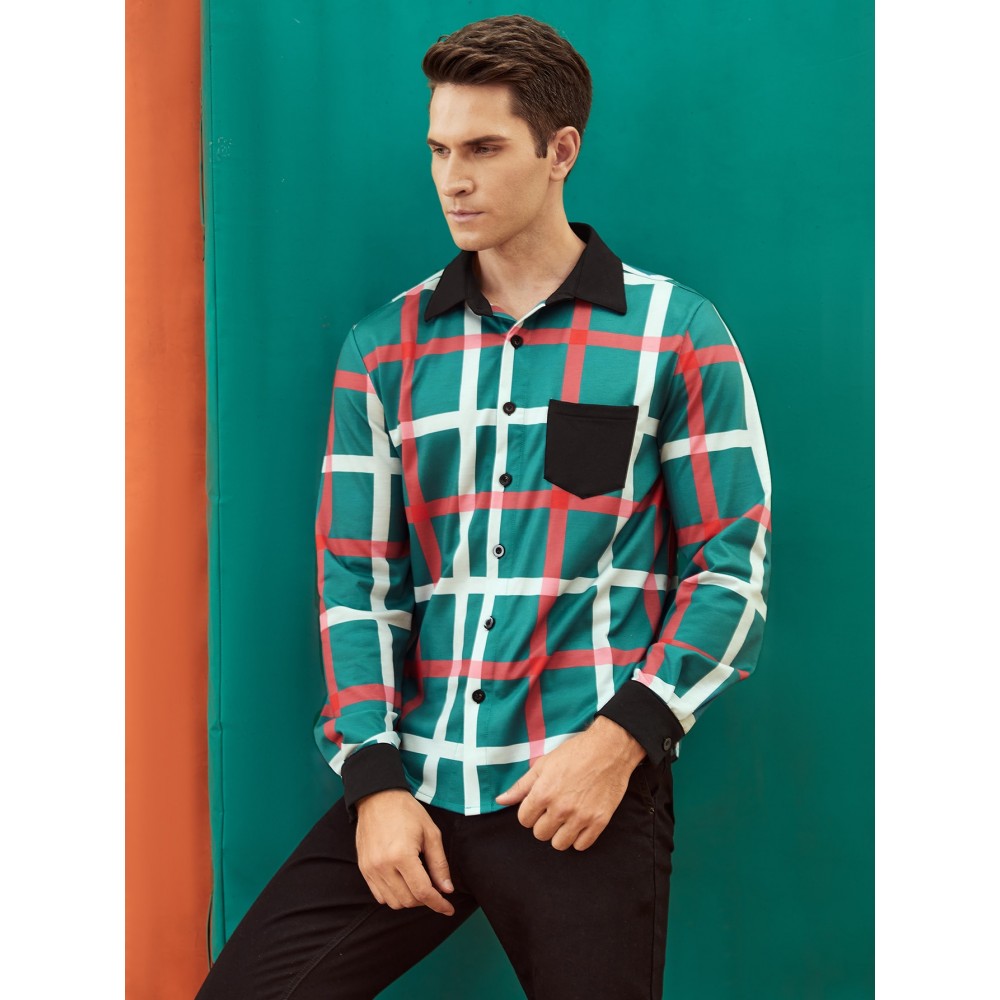 Men Plaid Contrast Collar Button Through Shirt