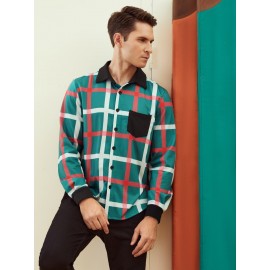 Men Plaid Contrast Collar Button Through Shirt