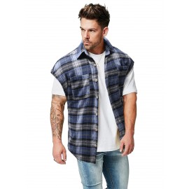 Men Tartan Print Button Front Sleeveless Shirt