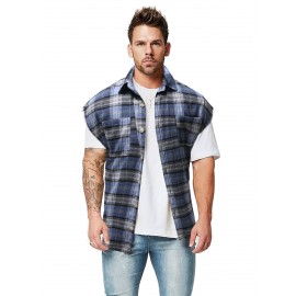 Men Tartan Print Button Front Sleeveless Shirt