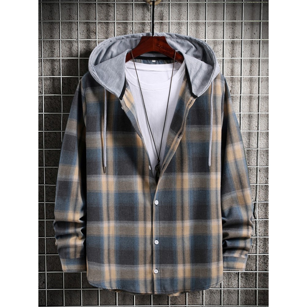 Men Plaid Print Button Up Drawstring Hooded Shirt Without Tee