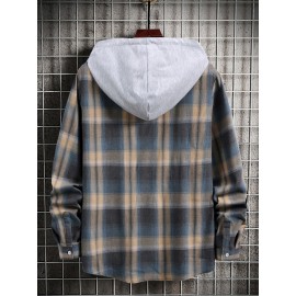 Men Plaid Print Button Up Drawstring Hooded Shirt Without Tee