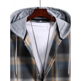 Men Plaid Print Button Up Drawstring Hooded Shirt Without Tee