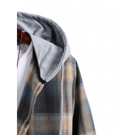 Men Plaid Print Button Up Drawstring Hooded Shirt Without Tee