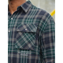 Men Tartan Slogan Graphic Flap Pocket Shirt