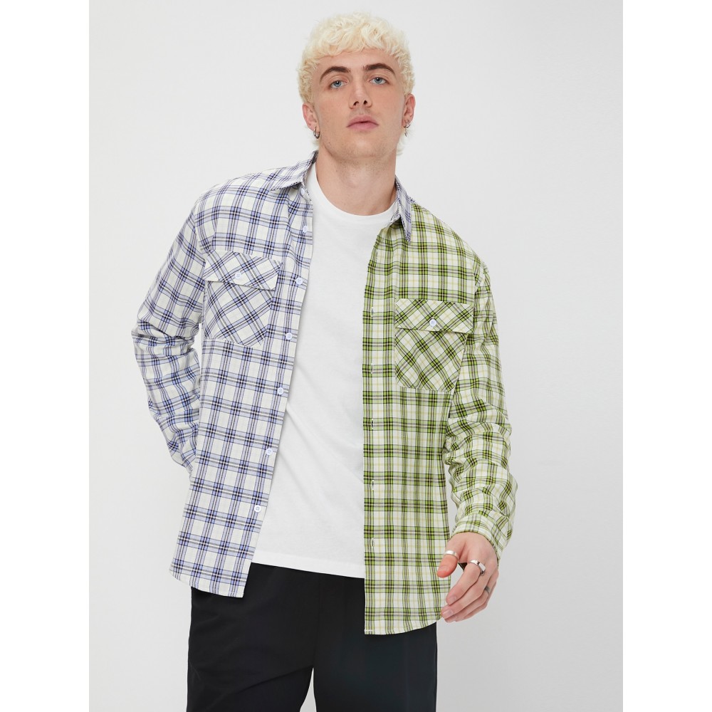 Men Tartan Color Block Flap Pocket Shirt