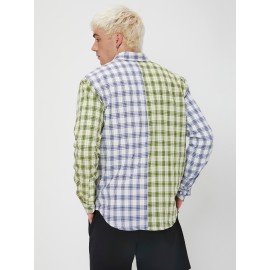 Men Tartan Color Block Flap Pocket Shirt