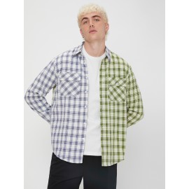 Men Tartan Color Block Flap Pocket Shirt