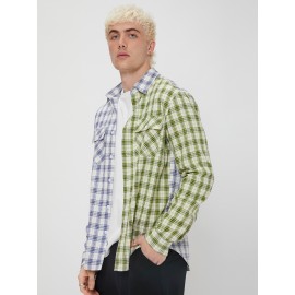 Men Tartan Color Block Flap Pocket Shirt