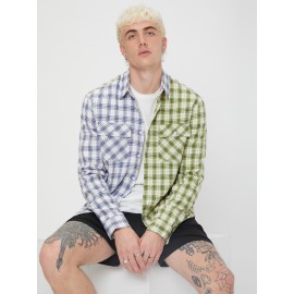 Men Tartan Color Block Flap Pocket Shirt