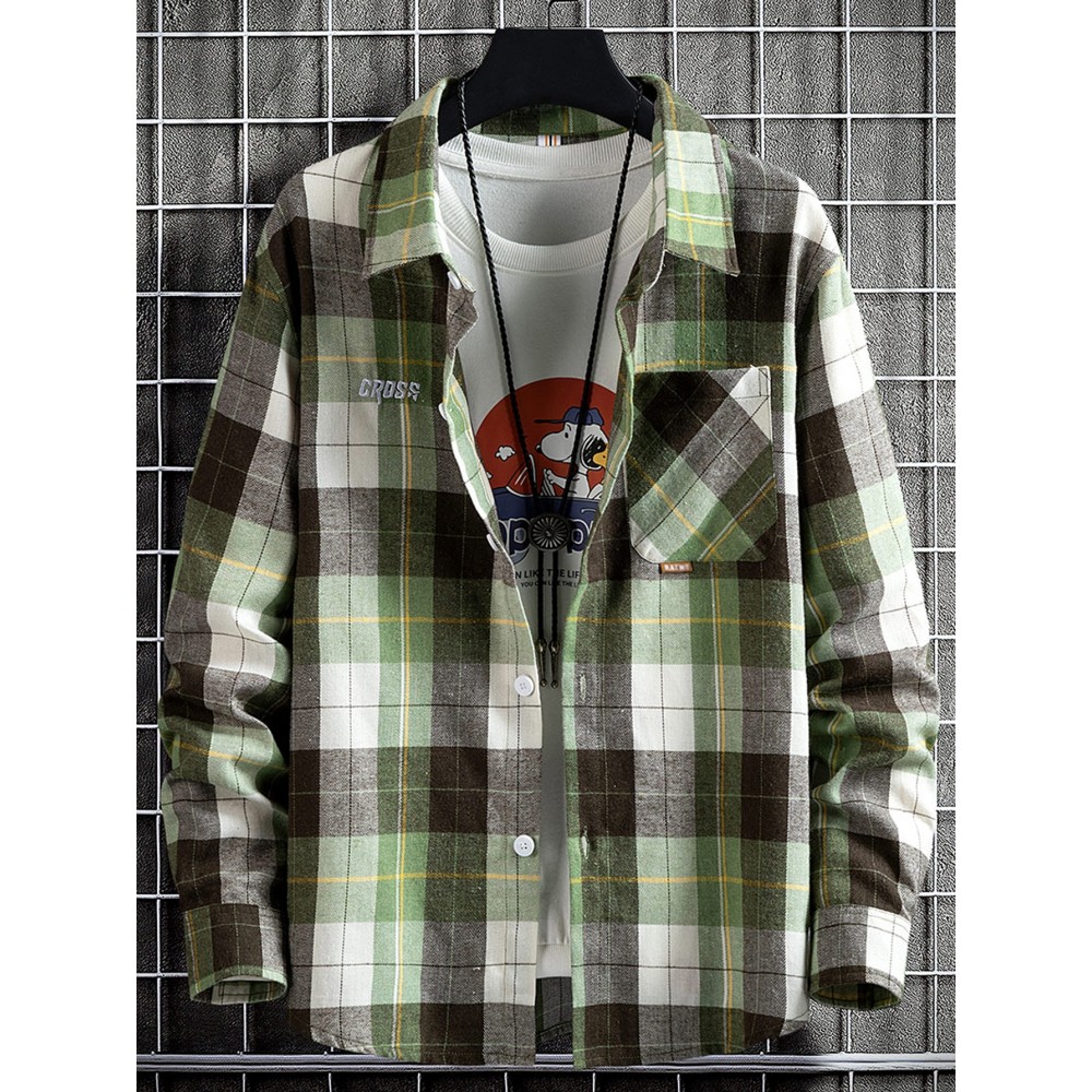 Men Plaid Pocket Front Flannel Shirt Without Pullover