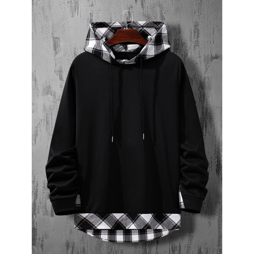 Men Plaid High Low Drawstring Hoodie