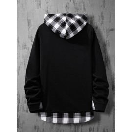 Men Plaid High Low Drawstring Hoodie