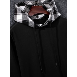 Men Plaid High Low Drawstring Hoodie