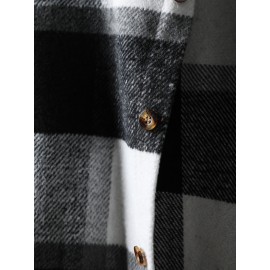 Men Pocket Front Plaid Tweed Overcoat Without Hoodie