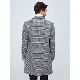 Men Houndstooth Pattern Lapel Neck Overcoat