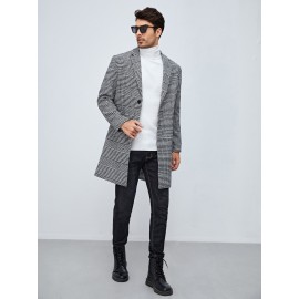 Men Houndstooth Pattern Lapel Neck Overcoat