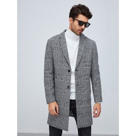 Men Houndstooth Pattern Lapel Neck Overcoat