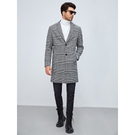 Men Houndstooth Pattern Lapel Neck Overcoat