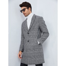 Men Houndstooth Pattern Lapel Neck Overcoat