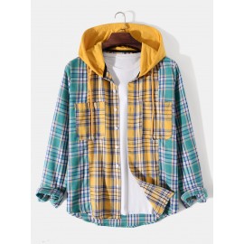 Men 1pc Tartan Drawstring Hooded Shirt