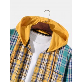 Men 1pc Tartan Drawstring Hooded Shirt