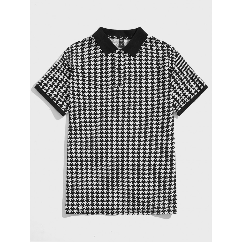 Men Houndstooth Print Contrast Collar Polo Shirt