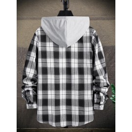 Men Plaid Print Drawstring Hooded High Low Hem Shirt Without Top