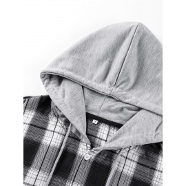 Men Plaid Print Drawstring Hooded High Low Hem Shirt Without Top