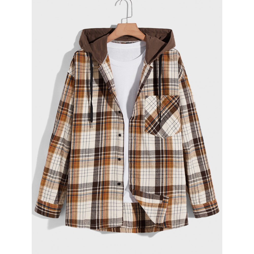 Men Tartan Pocket Front Drawstring Hooded Shirt Without Tee