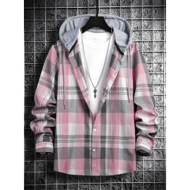 Men Plaid Drawstring Hooded Shirt Without Tee