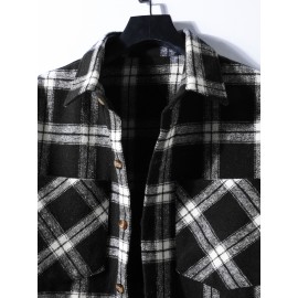 Men Plaid Print Pocket Patched Overcoat Without Hoodie