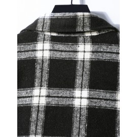 Men Plaid Print Pocket Patched Overcoat Without Hoodie