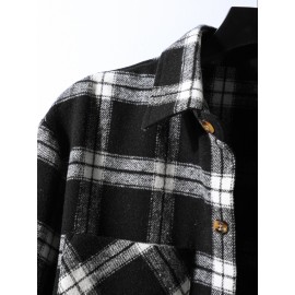 Men Plaid Print Pocket Patched Overcoat Without Hoodie