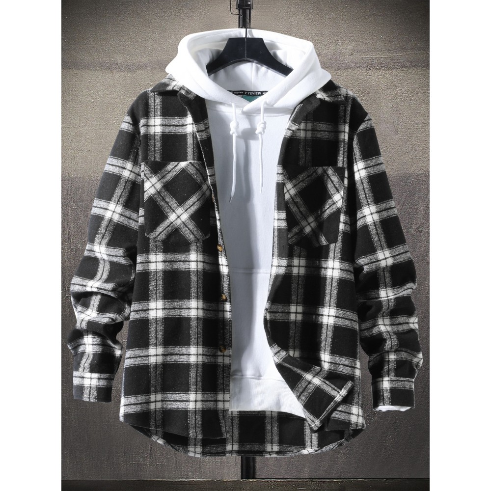 Men Plaid Print Pocket Patched Overcoat Without Hoodie