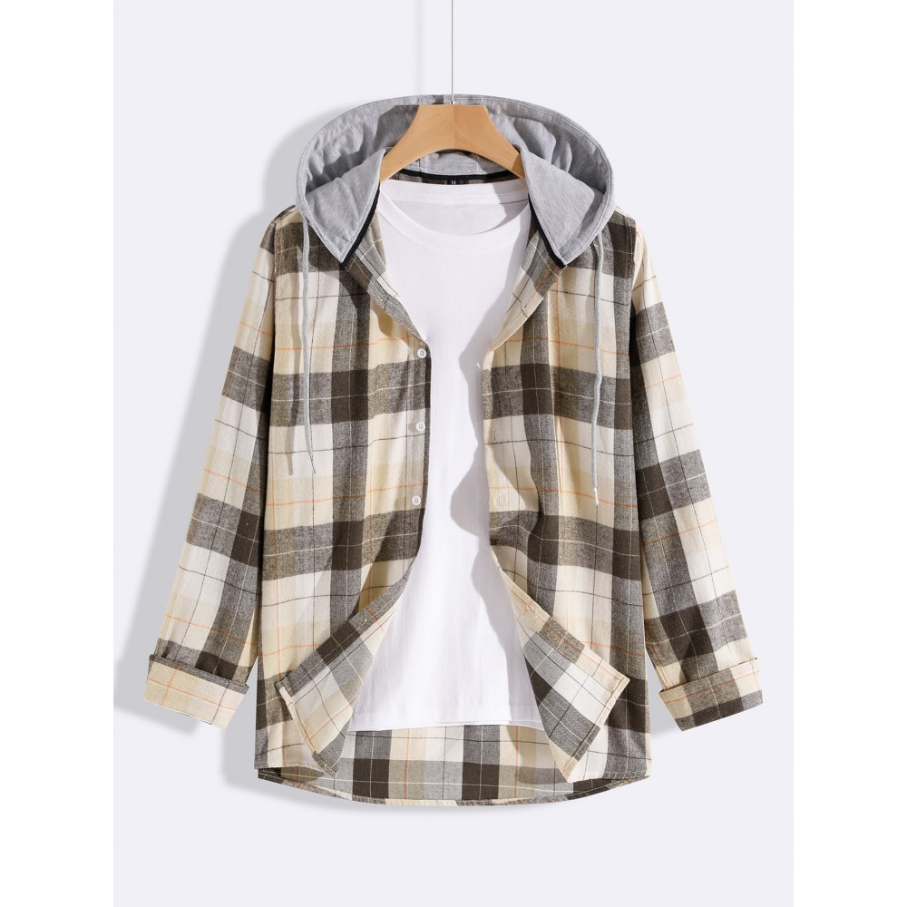 Men Plaid Drawstring Hooded Shirt Without Tee