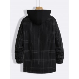 Men Plaid Button Up Drawstring Hooded Shirt Without Tee