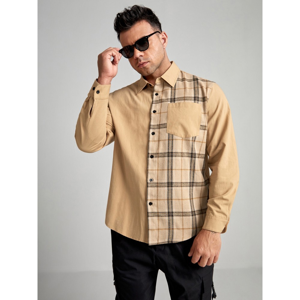 Extended Sizes Men Plaid Pocket Front Shirt