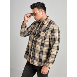 Extended Sizes Men Plaid Print Flap Pocket Shirt