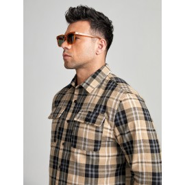 Extended Sizes Men Plaid Print Flap Pocket Shirt