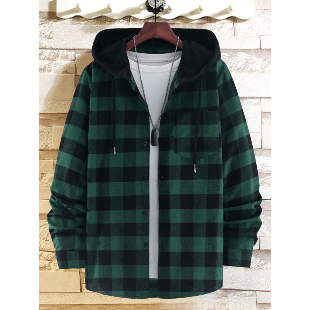 Men Buffalo Plaid Patched Pocket Drawstring Hooded Shirt Without Tee