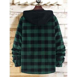 Men Buffalo Plaid Patched Pocket Drawstring Hooded Shirt Without Tee