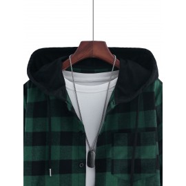 Men Buffalo Plaid Patched Pocket Drawstring Hooded Shirt Without Tee